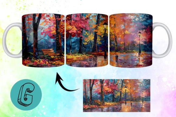 3D Oil Paint Fall Street Mug Wrap 12 for Creative Projects