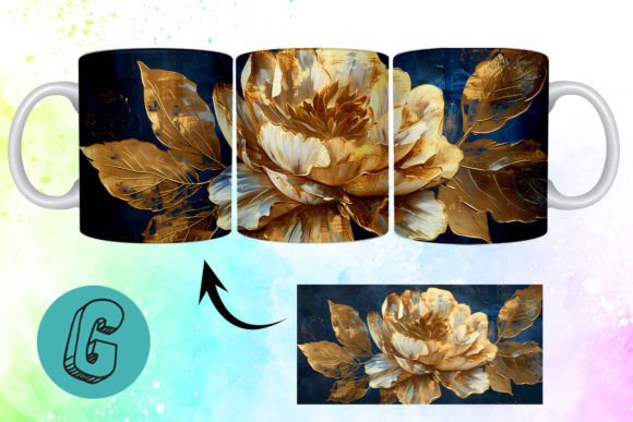 3D Oil Paint Gold Flower Mug Wrap 09 Digital Download