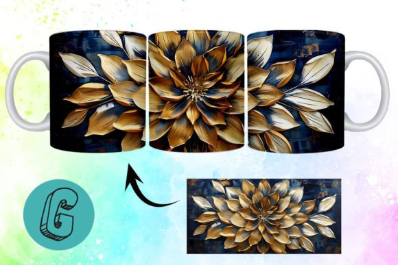 3D Oil Paint Gold Flower Mug Wrap 16: Digital Design Asset