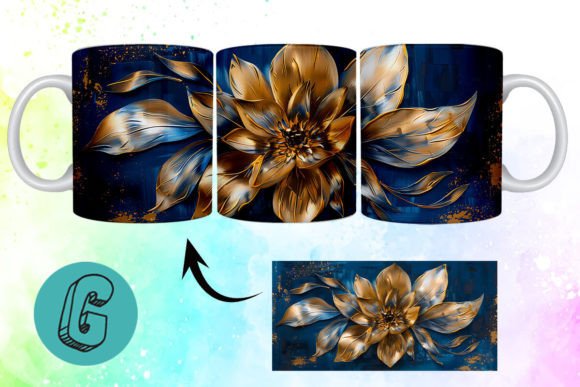 3D Oil Paint Gold Flower Mug Wrap 17: A Digital Design Asset