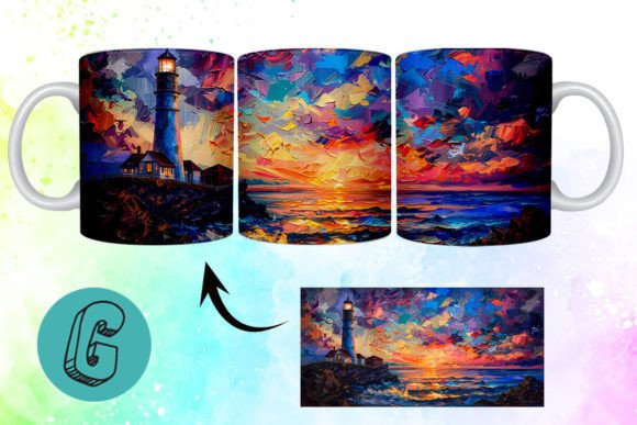 3D Oil Paint Lighthouse Mug Wrap 03: Creative Design Asset