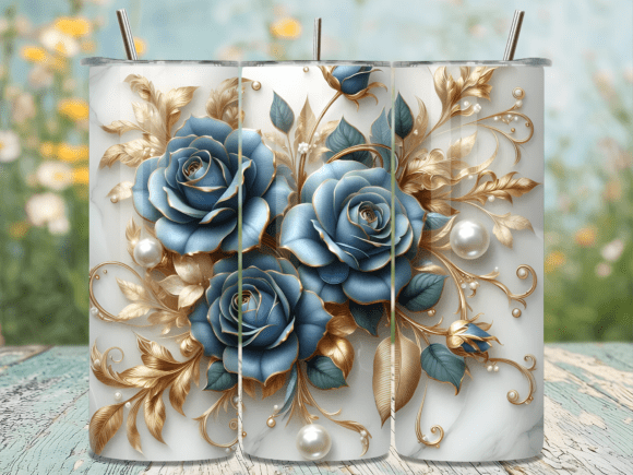 Gold & Blue 3D Luxury Roses Tumbler Wrap for 20oz Tumblers