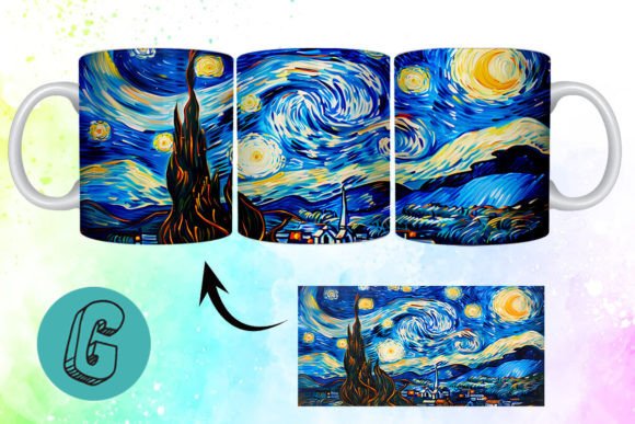 Starry Night Mug Wrap: 3D Oil Paint Design for Creators