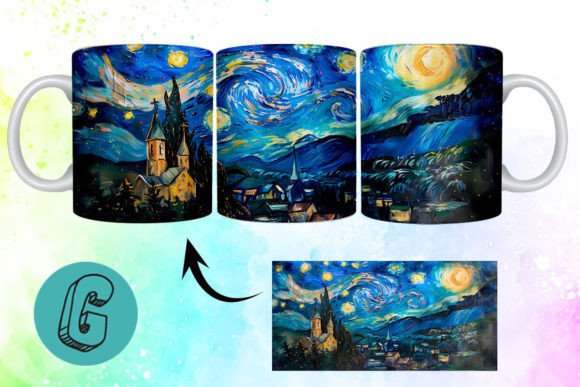 Starry Night Mug Wrap: A 3D Oil Paint Digital Asset